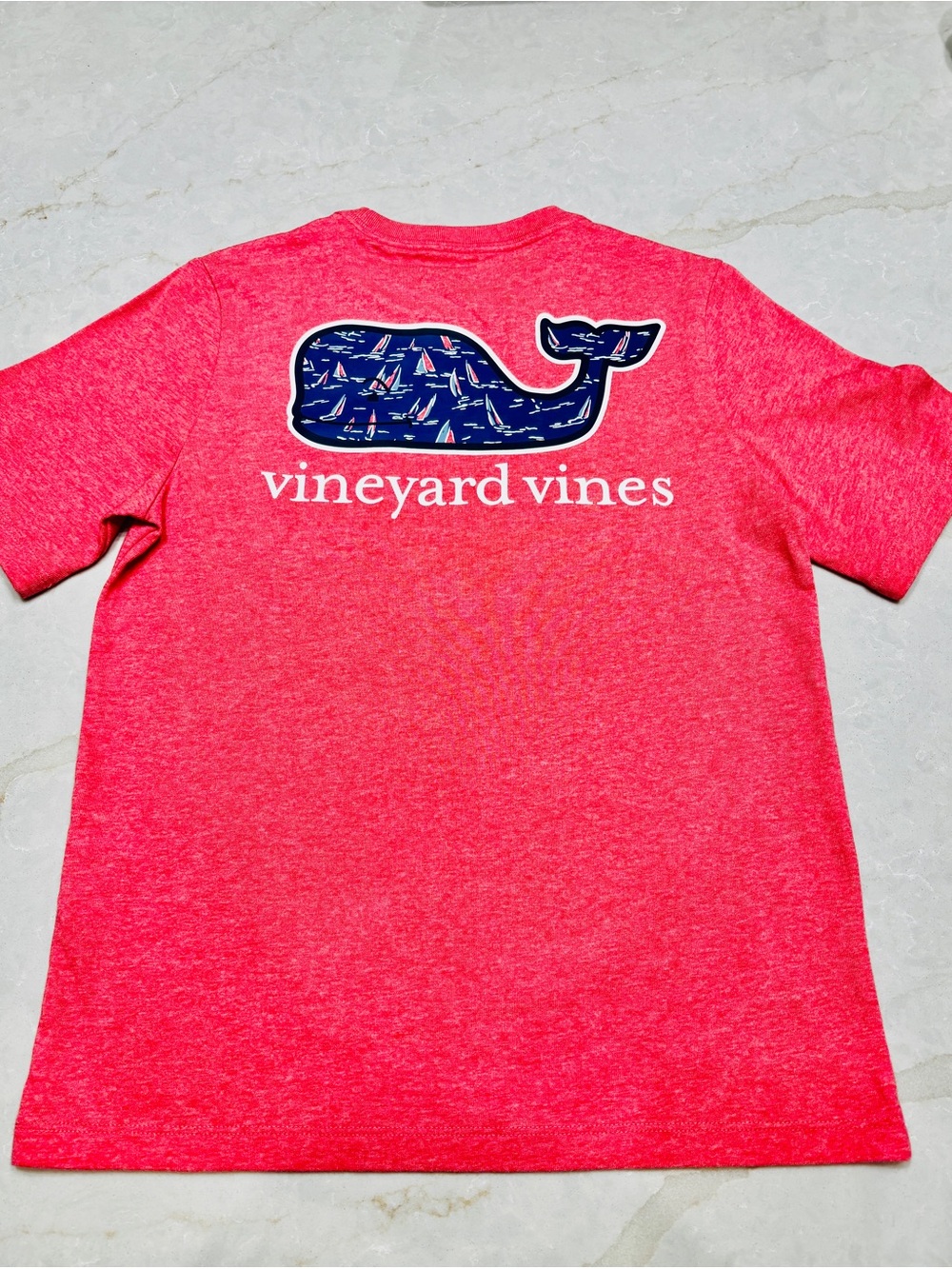 Vineyard Vines Heather Coral Tee with Navy Whale Logo